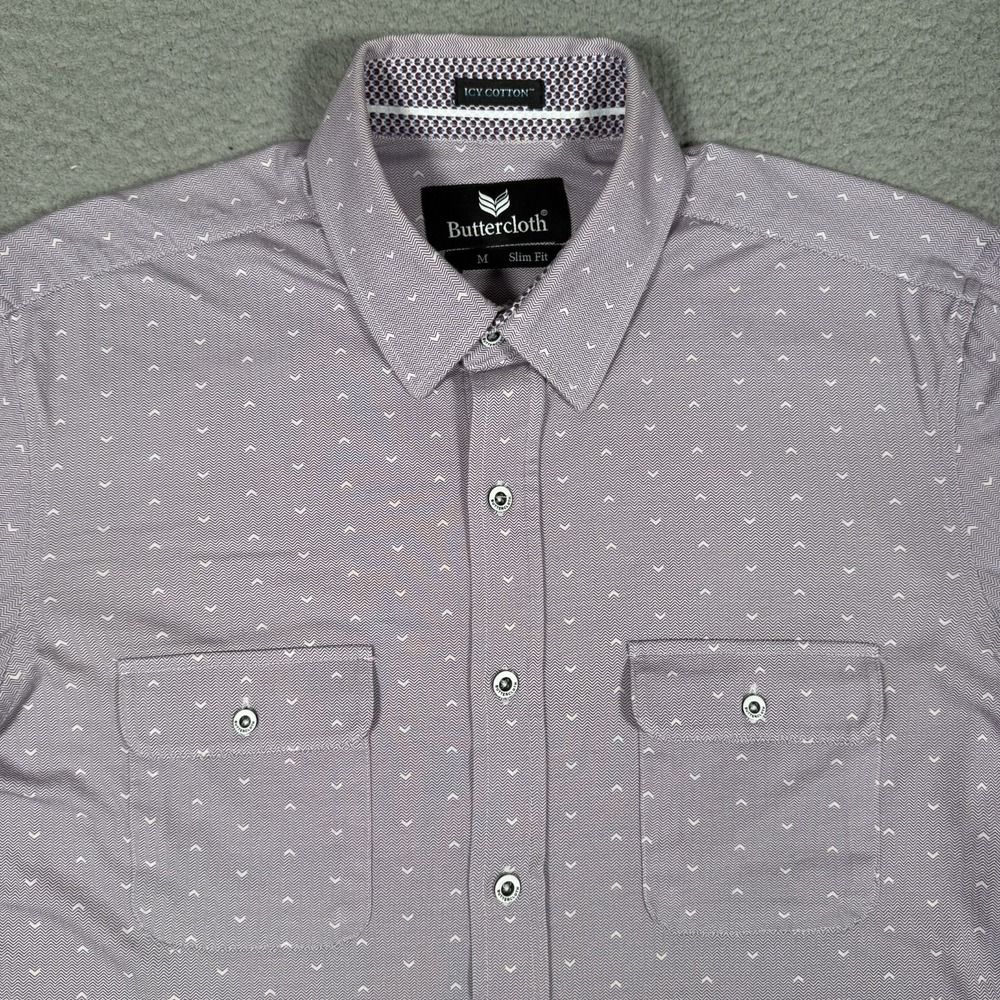 Buttercloth Shirt Mens Medium Purple Icy Cotton Button Up Stretch Slim Fit Logo